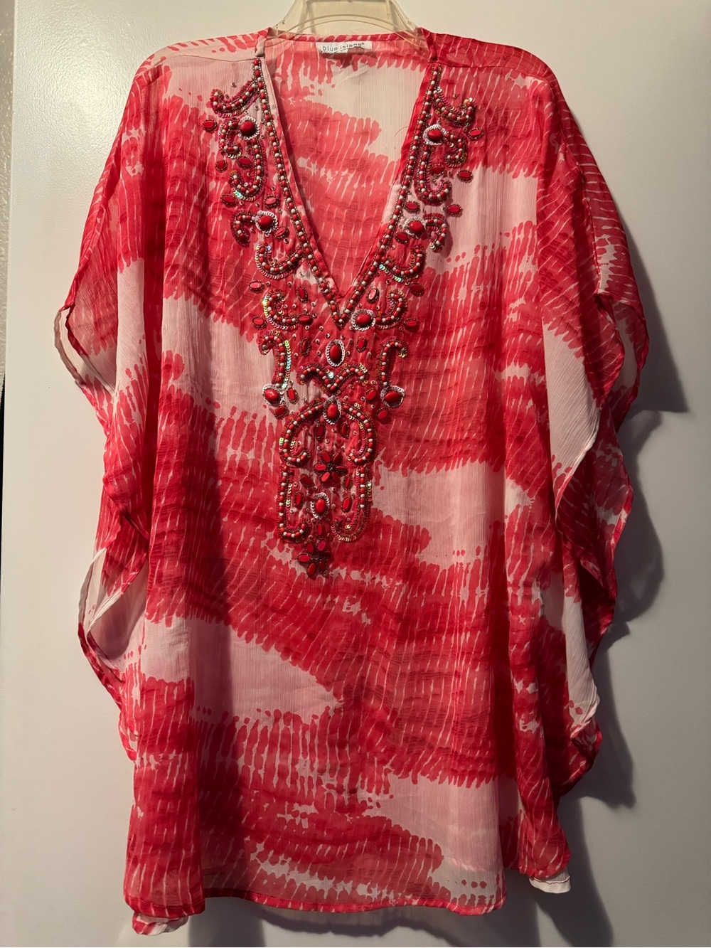 blue island Red and White Embellished V-Neck Tie-Dye Tunic